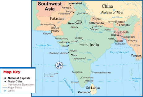 Asia portrait Political Map of South Asia. Civilization in India developed 
